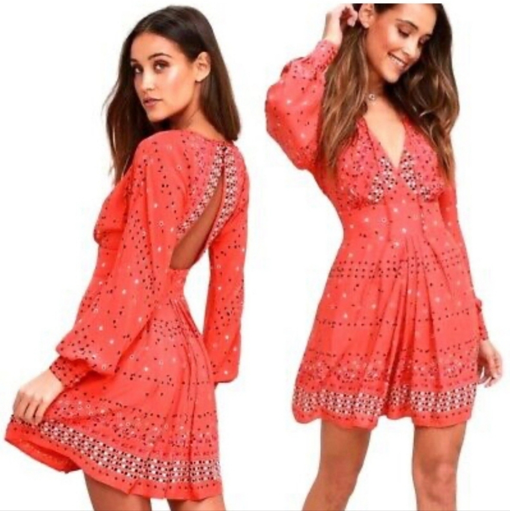 Free People Coryn Coral Orange Print Long Sleeve  Pleated Cut Out Dress